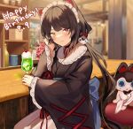  1girl absurdres animal_ears apron bangs black_collar black_hair blush cherry collar counter cup dated dog dog_ears drink drinking_glass fangs flower food frills fruit furisode hair_ornament hand_on_own_face happy_birthday heterochromia highres ice_cream ice_cream_float indoors inui_toko japanese_clothes kimono long_hair long_sleeves looking_at_viewer maid_apron maid_headdress nijisanji obi plant red_eyes sash sitting sleeves_past_wrists smile solo virtual_youtuber wide_sleeves y_o_u_k_a yellow_eyes 