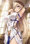  1girl arm_up armpits bangs blonde_hair blue_eyes blurry blurry_background breasts covered_nipples cowboy_shot curtains day detached_sleeves dress eyebrows_visible_through_hair finger_to_face goblin_slayer! hair_between_eyes hand_up indoors large_breasts long_hair looking_to_the_side no_bra one_eye_closed parted_lips pelvic_curtain sideboob solo stretch sunlight sword_maiden thighs white_dress window xe_(execut3r) 