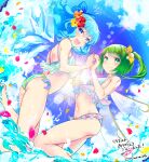  2girls blue_eyes blue_hair bow cirno daiyousei day fairy_wings flower green_bow green_hair hair_bow hair_ornament highres ice ice_wings multicolored multicolored_clothes multicolored_swimsuit multiple_girls ocean outdoors petals quatraise short_hair side_ponytail starfish sun swimsuit touhou wings 