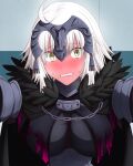  1girl ahoge blonde_hair blush breasts clenched_teeth fate/grand_order fate_(series) feather_trim feathered_cape full-face_blush hasebe_akira headpiece highres jeanne_d&#039;arc_(alter)_(fate) jeanne_d&#039;arc_(fate)_(all) looking_at_viewer medium_breasts solo sweatdrop tearing_up teeth wall_slam yellow_eyes 