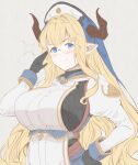  beige_background blonde_hair blue_eyes blush breasts draph glasses granblue_fantasy hand_on_hip hat hood horns kichihachi large_breasts looking_at_viewer pointy_ears razia 