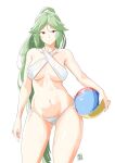  1girl alternate_costume ass_visible_through_thighs automatic_giraffe ball beachball bikini breasts closed_mouth contrapposto cowboy_shot dated green_hair halterneck kid_icarus large_breasts long_hair navel palutena ponytail red_eyes simple_background smile solo stomach swimsuit thighs very_long_hair watermark white_background white_bikini 