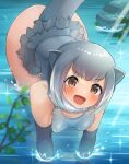  1girl :d animal_ears bangs bare_shoulders bent_over blush breasts brown_eyes covered_nipples day dragon_star2 elbow_gloves eyebrows_visible_through_hair frills fur_collar gloves grey_hair grey_swimsuit highres kemono_friends looking_at_viewer medium_hair multicolored_hair one-piece_swimsuit open_mouth otter_ears otter_tail outdoors small-clawed_otter_(kemono_friends) small_breasts smile solo swimsuit tail two-tone_hair v-shaped_eyebrows water white_hair 