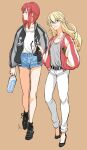  2girls alternate_costume ark_royal_(kancolle) bangs black_footwear blonde_hair blue_eyes blue_shorts blunt_bangs bob_cut bottle brown_background collarbone commentary_request denim denim_shorts eyewear_removed full_body grey_shirt highres jacket kantai_collection long_hair looking_at_viewer looking_to_the_side multicolored multicolored_clothes multicolored_jacket multiple_girls pants red_hair shirt short_hair shorts sunglasses two-tone_jacket walking warspite_(kancolle) white_pants white_shirt yamada_rei_(rou) 