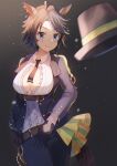  &gt;:) 1girl absurdres animal_ears black_gloves black_hair black_jacket black_neckwear blue_eyes breasts center_opening chest_belt cleavage closed_mouth contrapposto dress_shirt ear_ornament ear_piercing eyebrows_visible_through_hair frilled_shirt frills fuji_kiseki_(umamusume) gloves gold_trim haru_yu hat hat_removed headwear_removed highres horse_ears horse_girl horse_tail jacket large_breasts leather_belt necktie no_bra pants partially_unbuttoned piercing revealing_clothes shirt short_hair short_necktie smile solo tail umamusume underbust v-shaped_eyebrows white_shirt 