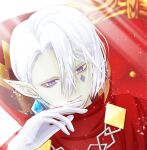  1boy blue_eyes blurry blurry_background cape cozuyu_(qowopyooooo) earrings facial_mark ghirahim hair_between_eyes hand_up jewelry light_rays pale_skin pointy_ears red_cape the_legend_of_zelda the_legend_of_zelda:_skyward_sword upper_body white_hair 