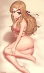  1girl :d arm_support artist_name ass bare_arms bare_legs bare_shoulders barefoot bikini blush breasts brown_eyes brown_hair cleavage commission fire_emblem fire_emblem_fates grin hana_(fire_emblem) headband kuroonehalf long_hair lying medium_breasts on_ground on_side open_mouth pink_bikini sand smile solo swimsuit 