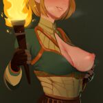  1girl absurdres black_gloves blonde_hair blue_shirt breasts corset fingerless_gloves fire gloves highres holding holding_torch large_breasts mon_eree nipples no_bra one_breast_out parted_lips princess_zelda shirt short_hair smile smug solo steaming_body sweat the_legend_of_zelda the_legend_of_zelda:_breath_of_the_wild the_legend_of_zelda:_breath_of_the_wild_2 torch underbust upper_body 