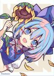  1girl bangs blue_eyes blue_hair cirno eyebrows_visible_through_hair hair_between_eyes highres kyouda_suzuka looking_at_viewer open_mouth short_hair smile solo touhou 