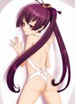  1girl ar_tonelico ar_tonelico_iii ass blush finnel hair_ornament inumori_sayaka long_hair looking_at_viewer open_mouth purple_eyes purple_hair simple_background solo swimsuit twintails white_background 