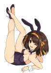  1girl animal_ears arms_behind_back bangs bare_legs bare_shoulders black_leotard breasts brown_eyes brown_hair cleavage detached_collar eyebrows_visible_through_hair fake_animal_ears full_body hair_ornament hairband hands_on_ground haruhisky high_heels highres legs_up leotard lying medium_hair on_back one_eye_closed open_mouth parted_bangs playboy_bunny rabbit_tail sideboob simple_background solo suzumiya_haruhi suzumiya_haruhi_no_yuuutsu tail thighs upper_teeth white_background wrist_cuffs 