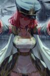 1girl absurdres belt breasts cape capelet choker collar dress hat highres kanashi_kumo large_breasts looking_at_viewer military military_uniform original outdoors outstretched_arms peaked_cap rain red_eyes red_hair uniform wet wet_clothes 