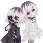  2girls absurdres bangs black_eyepatch black_hair black_mask black_skirt brown_eyes cosplay dual_persona eyepatch foreshortening grey_hair grey_jacket hand_up heterochromia highres jacket kaneki_ichika kaneki_ken kaneki_ken_(cosplay) long_sleeves looking_at_viewer mask mouth_mask multicolored_hair multiple_girls pantyhose purple_eyes sasaki_haise sasaki_haise_(cosplay) simple_background skirt smile striped striped_legwear tokyo_ghoul toukaairab two-tone_hair white_background white_skirt 