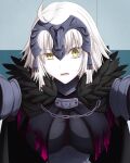  1girl black_cape blonde_hair breasts cape fate/grand_order fate_(series) feather_trim feathered_cape hasebe_akira highres jeanne_d&#039;arc_(alter)_(fate) jeanne_d&#039;arc_(fate)_(all) looking_at_viewer medium_breasts parted_lips raised_eyebrow short_hair solo teeth tongue upper_body wall_slam yellow_eyes 