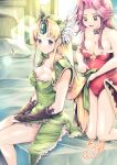  2girls absurdres angela_(seiken_densetsu_3) armor artist_name bangs bed black_choker black_gloves blonde_hair blue_eyes breasts bridal_gauntlets brown_eyes choker cleavage closed_mouth covered_navel dress forehead_jewel gloves green_dress green_headwear hands_on_lap helmet highres holding_another&#039;s_hair indoors kneeling lens_flare leotard long_hair looking_at_another looking_back low-tied_long_hair medium_breasts multiple_girls on_bed open_mouth overskirt parted_bangs pauldrons pillow purple_hair red_leotard riesz seiken_densetsu seiken_densetsu_3 short_dress shoulder_armor sieles_(sero-sero) signature sitting smile strapless strapless_leotard very_long_hair winged_helmet 