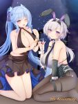  2girls animal_ears azur_lane backless_leotard bare_shoulders black_dress black_leotard breasts center_opening champagne_flute cocktail_dress cup dress drinking_glass elbow_gloves essex_(azur_lane) essex_(craft_fairytail)_(azur_lane) evening_gown eyebrows_visible_through_hair fake_animal_ears full_body gloves halter_dress halterneck highres huge_breasts kneeling leotard leotard_under_clothes light_blue_hair long_hair looking_at_viewer mechanical_hands multiple_girls nao_(naobinarydigit) official_alternate_costume one_eye_closed pantyhose playboy_bunny rabbit_ears reno_(azur_lane) reno_(reno_bunnino)_(azur_lane) sagging_breasts see-through_shirt side-tie_leotard single_elbow_glove single_mechanical_hand sleeveless sleeveless_dress twintails very_long_hair 