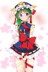  1girl absurdres armor asymmetrical_hair blue_eyes bound bound_arms eyebrows_visible_through_hair flat_chest floral_background green_hair hair_between_eyes hat highres kaisenpurin medal microskirt pauldrons red_ribbon ribbon ribbon-trimmed_skirt ribbon_trim shiki_eiki short_hair shoulder_armor skirt solo touhou white_ribbon white_sleeves 