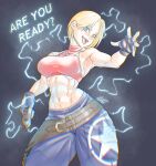  2021 ? abs absurdres armpits artist_name bare_shoulders blonde_hair blue_eyes blue_mary blurry breasts cowboy_shot dated electricity english_commentary english_text fatal_fury fingerless_gloves gage_199x gloves hair_behind_ear hair_between_eyes highres holding jewelry looking_at_viewer medium_breasts midriff muscular muscular_female navel necklace open_mouth pants short_hair sleeveless standing taser teeth the_king_of_fighters tongue watermark 