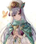  1girl alternate_costume bangs blush breasts bug butterfly cape cleavage closed_mouth dress emblem eyebrows_visible_through_hair fire_emblem fire_emblem:_genealogy_of_the_holy_war fire_emblem_heroes green_cape green_headwear hands_together haru_(nakajou-28) hat highres jewelry julia_(fire_emblem) light_particles light_purple_hair lips long_hair medium_breasts official_alternate_costume orange_butterfly pink_lips purple_eyes sidelocks simple_background smile solo upper_body white_background white_dress wide_sleeves yellow_neckwear 