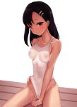 1girl absurdres bare_shoulders bench black_hair breasts brown_eyes collarbone competition_swimsuit covered_navel dark-skinned_female dark_skin hair_ornament hairclip highleg highres ijiranaide_nagatoro-san long_hair looking_at_viewer minted nagatoro_hayase nipples on_bench one-piece_swimsuit partially_visible_vulva see-through short_eyebrows simple_background sitting small_breasts smile solo swimsuit thighs wet wet_clothes white_background white_swimsuit 
