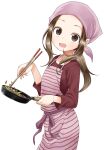  1girl :d absurdres apron brown_eyes brown_hair brown_shirt chopsticks collarbone commentary_request food forehead frying_pan head_scarf highres holding holding_chopsticks karakai_jouzu_no_takagi-san long_hair long_sleeves low_ponytail official_art open_mouth ponytail shirt sidelocks simple_background smile solo striped striped_apron takagi-san white_background yamamoto_souichirou 