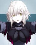  1girl ahoge blonde_hair breasts chain fate/grand_order fate_(series) hair_between_eyes hasebe_akira highres jeanne_d&#039;arc_(alter)_(fate) jeanne_d&#039;arc_(fate)_(all) looking_at_viewer medium_breasts open_mouth parted_lips raised_eyebrow short_hair solo torn_capelet upper_body wall_slam yellow_eyes 