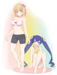  ar_tonelico ar_tonelico_iii barefoot battlegaregga bike_shorts blonde_hair braid breasts closed_mouth cocona_vatel feet hair_ornament long_hair looking_at_viewer multiple_girls navel open_mouth pink_eyes purple_eyes purple_hair saki_(ar_tonelico) short_hair smile swimsuit twintails 