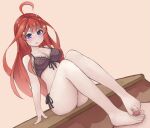  1boy 1girl :o ahoge bare_legs barefoot black_bra black_panties blue_eyes blush bra breasts censored cleavage clothed_female_nude_male eyebrows_visible_through_hair femdom footjob go-toubun_no_hanayome hair_ornament hand_on_table highres kikiu_bd legs long_hair looking_at_viewer looking_down medium_breasts nakano_itsuki nude open_mouth panties red_hair simple_background sitting sitting_on_table star_(symbol) star_hair_ornament thighs toes underwear 