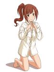  1girl bangs barefoot brown_eyes brown_hair closed_mouth commentary_request dress_shirt eyebrows_visible_through_hair fingers_together full_body hair_tie idolmaster idolmaster_cinderella_girls igarashi_kyoko kneeling lielos long_sleeves looking_at_viewer medium_hair naked_shirt no_pants one_side_up panties pantyshot partial_commentary partially_unbuttoned shadow shirt simple_background smile solo underwear white_background white_panties white_shirt wing_collar 
