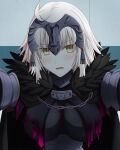  1girl ahoge blonde_hair blush breasts fate/grand_order fate_(series) feathers hasebe_akira headpiece highres jeanne_d&#039;arc_(alter)_(fate) jeanne_d&#039;arc_(fate)_(all) looking_at_viewer medium_breasts open_mouth short_hair solo upper_body yellow_eyes 