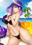  1girl absurdres alternate_costume bare_shoulders beach bikini black_bikini blue_sky breasts cleavage cloud collarbone genshin_impact head_tilt highres large_breasts long_hair looking_at_viewer navel ocean outdoors palm_tree purple_eyes purple_hair raiden_shogun remumeru sky slime_(genshin_impact) solo strapless strapless_bikini swimsuit tree very_long_hair 