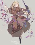  1girl arrow_(projectile) artist_name blonde_hair bow_(weapon) brown_dress copyright_request dress full_body grey_background hair_over_one_eye highres holding holding_bow_(weapon) holding_weapon lemming_no_suana long_hair red_eyes simple_background smile solo weapon 