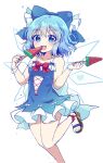  (9) 1girl :d adapted_costume bangs blue_bow blue_dress blue_eyes blue_hair bow bowtie caramell0501 cirno cirno_day dress eyebrows_visible_through_hair food frilled_bow frills fruit hair_bow heart highres holding holding_food ice ice_wings looking_at_viewer open_mouth red_bow red_neckwear sandals short_hair simple_background smile solo standing standing_on_one_leg touhou watermelon white_background wings 