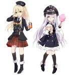  2girls absurdres beret black_dress black_footwear black_headwear black_jacket black_legwear blonde_hair boots closed_mouth doll_hug dress eyebrows_visible_through_hair fanta girls&#039;_frontline green_eyes hat highres jacket kar98k_(girls&#039;_frontline) long_hair looking_at_viewer m4_sopmod_ii_jr military_hat multiple_girls necktie object_hug one_eye_closed open_mouth ponytail purple_eyes shirt silver_hair skirt smile standing stg44_(girls&#039;_frontline) suprii thighhighs white_background white_shirt younger 