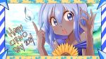  1girl 2021 :o absurdres blue_eyes blue_hair cirno cirno_day dark_skin dr._addamelech english_commentary flower highres ice index_finger_raised looking_at_viewer ok_sign short_hair solo sunflower tanned_cirno touhou upper_body 