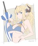  1girl bikini blonde_hair blue_bikini blue_eyes border breasts cleavage draph earrings eyebrows_visible_through_hair granblue_fantasy hand_on_hip highres horns jewelry kichihachi large_breasts long_hair looking_at_viewer pointy_ears razia solo swimsuit umbrella white_border yellow_background 