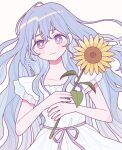  1girl bangs blue_hair blush bright_pupils dress flower highres holding holding_flower leaf long_hair looking_at_viewer nokanok original pink_eyes shadow signature simple_background smile solo very_long_hair white_background white_dress white_pupils yellow_flower 