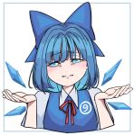  (9) blue_bow blue_dress blue_eyes blue_hair bow cirno cirno_day dress eyebrows_visible_through_hair hair_bow ice ice_wings mefomefo red_neckwear short_hair shrugging simple_background solo touhou transparent_background upper_body white_background wings 