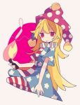  1girl :p american_flag_dress american_flag_shirt bangs blonde_hair blue_dress blue_pants circle clownpiece daizu_(melon-lemon) dress fire full_body hat holding holding_torch jester_cap long_hair multicolored multicolored_clothes multicolored_dress multicolored_pants pants purple_headwear red_dress red_eyes red_pants simple_background solo tongue tongue_out torch touhou white_background 