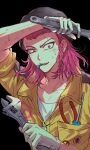  1boy arm_up bangs black_background black_headwear braid breast_pocket danganronpa_(series) danganronpa_2:_goodbye_despair gloves grey_gloves highres holding holding_wrench honjabgog_(ys_hal_sigan_x) jumpsuit looking_at_viewer medium_hair mouth_hold pink_eyes pink_hair pocket sharp_teeth shirt short_hair short_sleeves side_braid sleeves_folded_up solo souda_kazuichi sweat teeth tools upper_body white_shirt wrench yellow_jumpsuit 