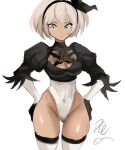  back_cutout bangs bea_(pokemon) black_dress black_hairband boots cleavage_cutout clothing_cutout cosplay dress feather-trimmed_sleeves grey_eyes grey_hair hair_between_eyes hairband highres juliet_sleeves leotard long_sleeves nier_(series) nier_automata pokemon pokemon_(game) pokemon_swsh puffy_sleeves rakeemspoon short_hair thigh_boots thighhighs thighhighs_under_boots white_leotard yorha_no._2_type_b 