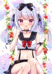  1girl :d animal_ear_fluff animal_ears azur_lane bangs bare_shoulders black_bow black_choker black_sailor_collar black_skirt blush bow breasts cat_ears choker collarbone commentary_request crop_top eyebrows_visible_through_hair flower hair_bow hands_up highres long_hair looking_at_viewer medium_breasts midriff miwa_uni navel open_mouth pleated_skirt red_eyes red_flower sailor_collar shirt silver_hair skirt sleeveless sleeveless_shirt smile solo twintails white_flower white_shirt yukikaze_(azur_lane) 