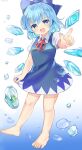  1girl :d bangs barefoot blue_background blue_bow blue_dress blue_eyes blue_hair bow cirno cirno_day collared_shirt dress eyebrows_visible_through_hair fang frog frozen_frog full_body gradient gradient_background hair_bow highres ice looking_at_viewer open_mouth pinafore_dress pointing pointing_at_viewer ramudia_(lamyun) red_neckwear shirt short_hair short_sleeves simple_background skin_fang smile solo touhou twitter_username water white_background white_shirt 