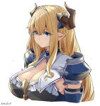  1girl armor blonde_hair blue_eyes breasts cleavage draph eyebrows_visible_through_hair granblue_fantasy hair_between_eyes highres horns kichihachi large_breasts long_hair looking_at_viewer pointy_ears razia solo white_background 