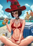  1boy 2girls alcohol beer black_hair blonde_hair faust_(guilty_gear) guilty_gear guilty_gear_xrd hat i-no jiro-knightraider long_hair looking_at_viewer millia_rage multiple_girls short_hair sunglasses swimsuit witch_hat 
