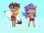  2boys akeno06 alternate_costume arm_up ball bangs beachball blush blush_stickers brown_hair commentary_request dark-skinned_male dark_skin earrings eyewear_on_head facial_hair fang grin hand_in_pocket highres holding holding_ball holding_surfboard jacket jewelry knees leon_(pokemon) long_hair looking_at_viewer male_focus male_swimwear multiple_boys necklace open_clothes open_jacket open_mouth pokemon pokemon_(game) pokemon_swsh purple_hair raihan_(pokemon) shirtless short_hair smile standing star_(symbol) summer sunglasses surfboard swim_trunks teeth undercut yellow_eyes yellow_jacket 