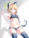  1girl absurdres black_legwear blonde_hair blue_archive blush breasts cat_ear_headphones collarbone hair_ribbon halo headphones highres looking_at_viewer midori_(blue_archive) navel ogamaru open_mouth ribbon short_hair simple_background small_breasts solo thighhighs underwear undressing white_background 