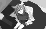  1girl arknights cowboy_shot from_above greyscale hair_between_eyes highres jacket looking_at_viewer monochrome no_eyewear off_shoulder on_bed open_clothes open_jacket owl_ears ribbed_sweater short_hair shorts silence_(arknights) sitting solo sweater zy 