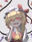  1girl :d ascot bangs blush bow commentary_request crystal eyebrows_behind_hair fangs flandre_scarlet glowing glowing_eyes grey_background hair_behind_ear hair_between_eyes hand_on_own_cheek hand_on_own_face hand_up hat hat_bow head_tilt highres looking_at_viewer mob_cap one_side_up open_mouth red_bow red_eyes red_vest short_hair short_sleeves simple_background smile solo touhou tsune_(tune) uneven_eyes upper_body upper_teeth vest white_headwear wing_collar wings yellow_neckwear 