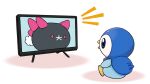  blue_eyes commentary_request gen_4_pokemon gen_7_pokemon no_humans notice_lines official_art open_mouth piplup pokemon pokemon_(creature) project_pochama pyukumuku sitting television toes tongue white_background 
